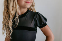Load image into Gallery viewer, Kids Black Velvet Sheer Skirted Ballet Dance Leotard