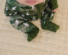 Load image into Gallery viewer, Bamboo Zip Romper | Green Camo Bolts