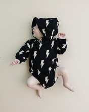 Load image into Gallery viewer, Hooded Bubble Romper | Black Bolts