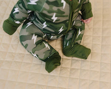 Load image into Gallery viewer, Bamboo Zip Romper | Green Camo Bolts