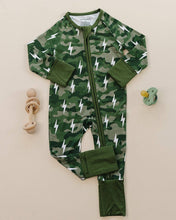 Load image into Gallery viewer, Bamboo Zip Romper | Green Camo Bolts