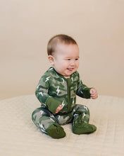 Load image into Gallery viewer, Bamboo Zip Romper | Green Camo Bolts
