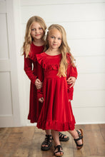 Load image into Gallery viewer, Kids Red Velvet Ruffle Fancy Winter Dress
