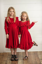 Load image into Gallery viewer, Kids Red Velvet Ruffle Fancy Winter Dress
