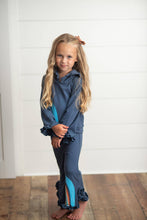 Load image into Gallery viewer, Kids Navy Blue Rainbow Hooded Ruffle Lounge Set
