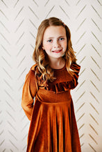 Load image into Gallery viewer, Kids Rust Velvet Ruffle Fancy Winter Dress
