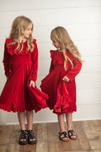 Load image into Gallery viewer, Kids Red Velvet Ruffle Fancy Winter Dress
