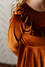 Load image into Gallery viewer, Kids Rust Velvet Ruffle Fancy Winter Dress
