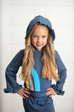 Load image into Gallery viewer, Kids Navy Blue Rainbow Hooded Ruffle Lounge Set

