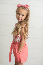 Load image into Gallery viewer, Kids Coral Pink Floral Ruffle Spring Summer Pocket Short Set
