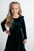 Load image into Gallery viewer, Kids Emerald Green Velvet Ruffle Fancy Dress
