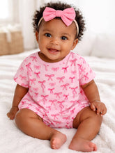 Load image into Gallery viewer, Pink Bows / Organic Pointelle Bubble Romper
