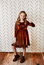 Load image into Gallery viewer, Kids Rust Velvet Ruffle Fancy Winter Dress

