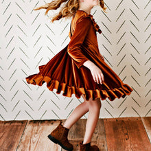 Load image into Gallery viewer, Kids Rust Velvet Ruffle Fancy Winter Dress
