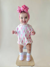 Load image into Gallery viewer, Hooded Bubble Romper | Pink Bolts

