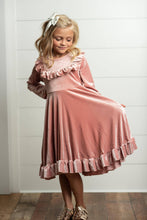 Load image into Gallery viewer, Kids Pink Velvet Ruffle Fancy Winter Dress
