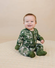 Load image into Gallery viewer, Bamboo Zip Romper | Green Camo Bolts
