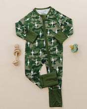 Load image into Gallery viewer, Bamboo Zip Romper | Green Camo Bolts
