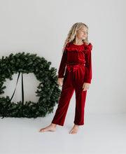 Load image into Gallery viewer, Girls Red Burgundy Velvet Pant Set
