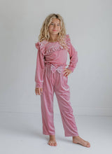 Load image into Gallery viewer, Girls Pink Velvet Ruffle Bow Fancy Pant Set
