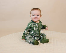 Load image into Gallery viewer, Bamboo Zip Romper | Green Camo Bolts
