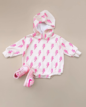 Load image into Gallery viewer, Hooded Bubble Romper | Pink Bolts
