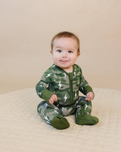 Load image into Gallery viewer, Bamboo Zip Romper | Green Camo Bolts
