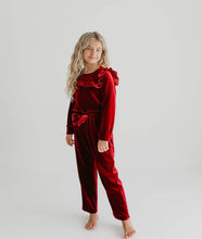Load image into Gallery viewer, Girls Red Burgundy Velvet Pant Set
