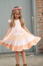 Load image into Gallery viewer, Kids Pink &amp; Tangerine Daisy Checkered Tiered Spring Dress
