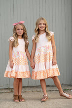 Load image into Gallery viewer, Kids Pink &amp; Tangerine Daisy Checkered Tiered Spring Dress
