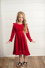 Load image into Gallery viewer, Kids Red Velvet Ruffle Fancy Winter Dress

