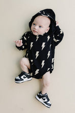 Load image into Gallery viewer, Hooded Bubble Romper  |  Black Bolts

