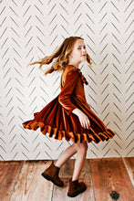Load image into Gallery viewer, Kids Rust Velvet Ruffle Fancy Winter Dress
