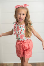 Load image into Gallery viewer, Kids Coral Pink Floral Ruffle Spring Summer Pocket Short Set
