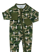 Load image into Gallery viewer, Bamboo Zip Romper | Green Camo Bolts
