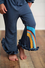 Load image into Gallery viewer, Kids Navy Blue Rainbow Hooded Ruffle Lounge Set
