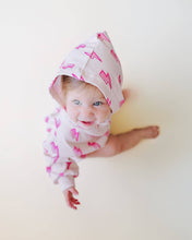 Load image into Gallery viewer, Hooded Bubble Romper | Pink Bolts
