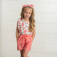Load image into Gallery viewer, Kids Coral Pink Floral Ruffle Spring Summer Pocket Short Set
