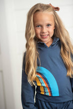 Load image into Gallery viewer, Kids Navy Blue Rainbow Hooded Ruffle Lounge Set
