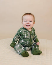 Load image into Gallery viewer, Bamboo Zip Romper | Green Camo Bolts
