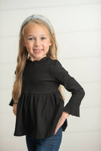 Load image into Gallery viewer, Kids Black Long Sleeve Lettuce Trim Shirt
