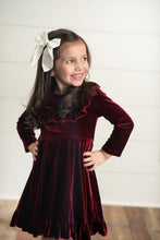 Load image into Gallery viewer, Kids Wine Velvet Ruffle Fancy Winter Dress
