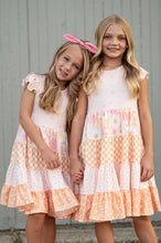 Load image into Gallery viewer, Kids Pink &amp; Tangerine Daisy Checkered Tiered Spring Dress
