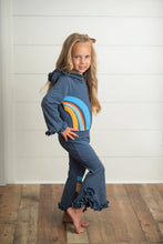 Load image into Gallery viewer, Kids Navy Blue Rainbow Hooded Ruffle Lounge Set
