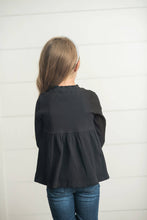 Load image into Gallery viewer, Kids Black Long Sleeve Lettuce Trim Shirt

